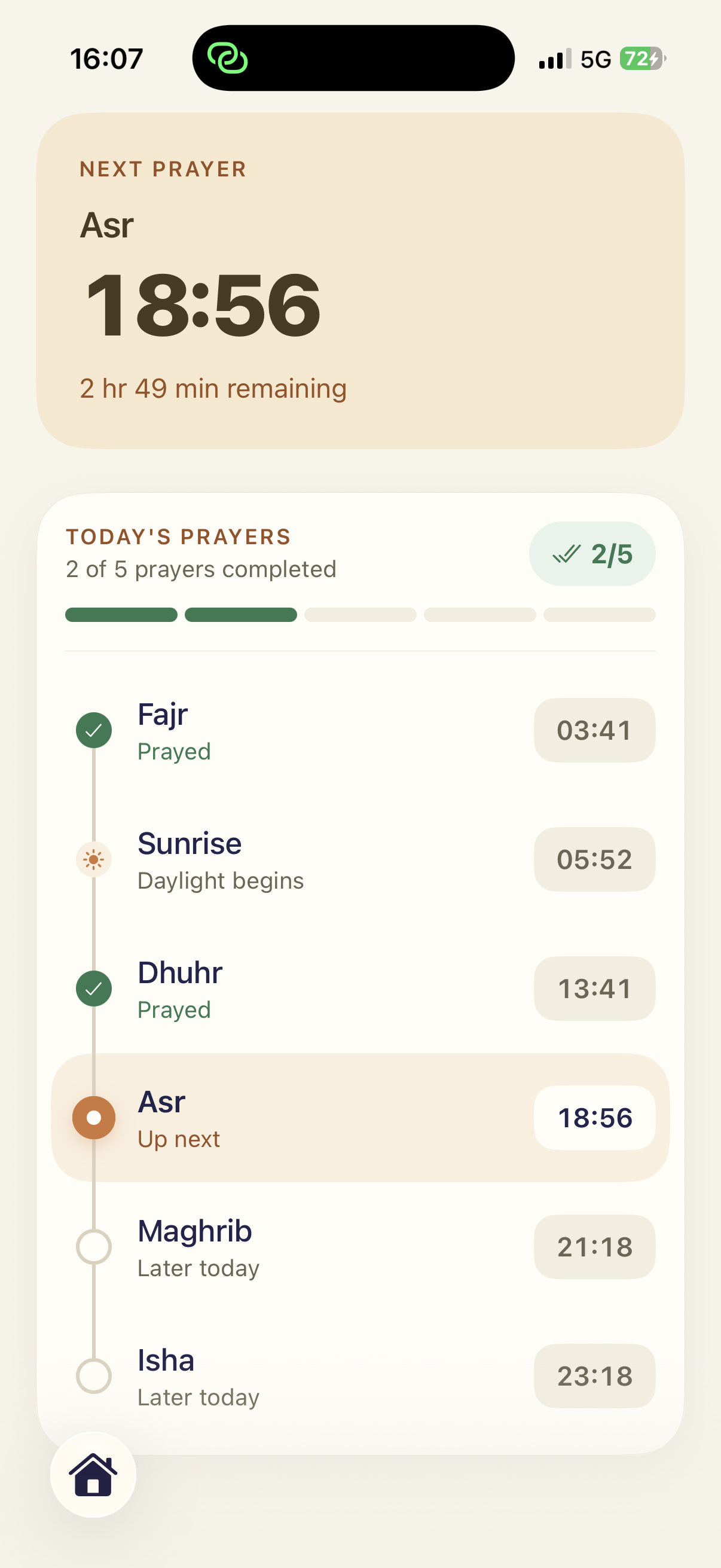 Vaktim home screen showing today's prayer times and a countdown to the next prayer