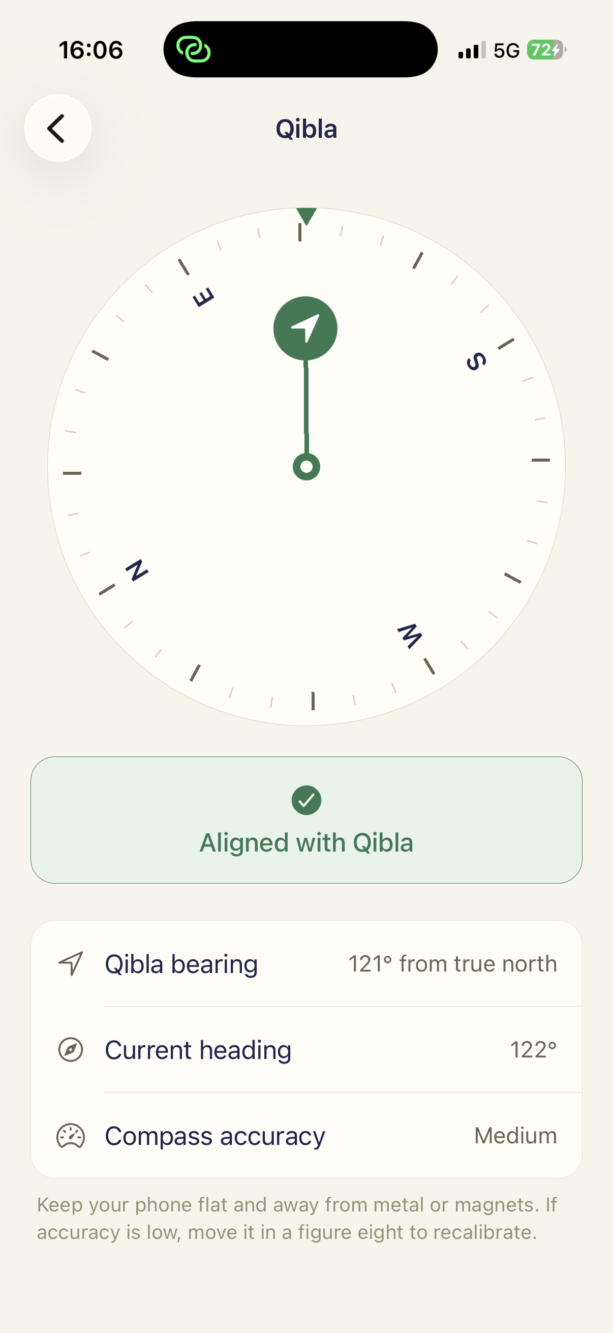 Vaktim Qibla compass aligned with the direction of the Kaaba