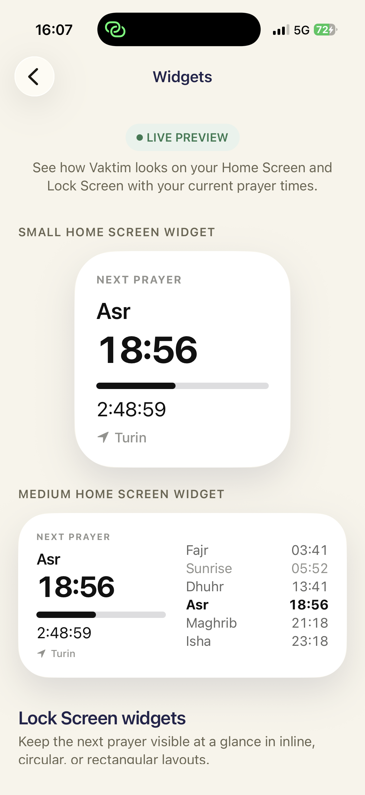 Vaktim widgets screen showing Home Screen and Lock Screen prayer time widget previews